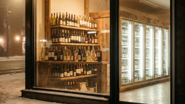 A small liquor store at night with lit wine shelves and beer coolers glowing through the front window