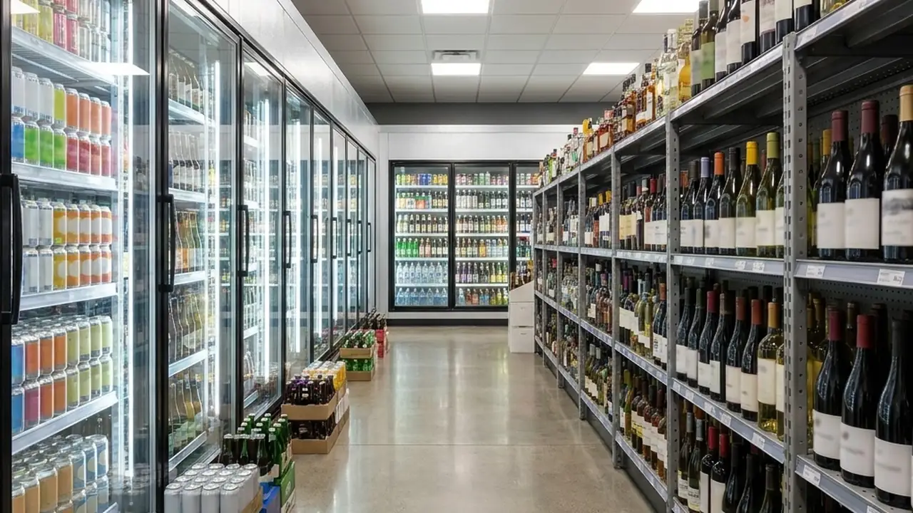 Inside a liquor store: a wall of cold beer coolers on one side and shelves of wine and spirits on the other